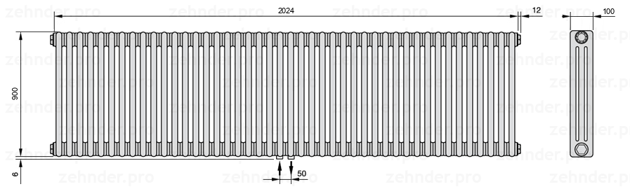 Схема (чертеж) Радиатор Zehnder Charleston 3090/44 №3470 Белый глянцевый RAL 9016